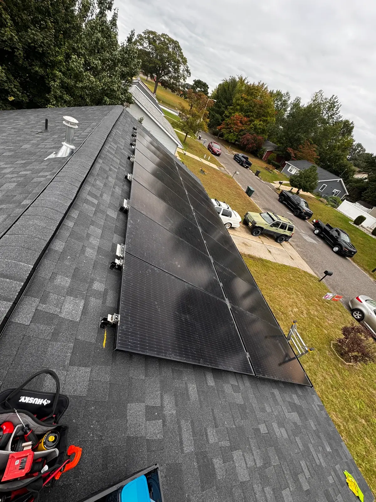 The solar array reinstalled over the new roof