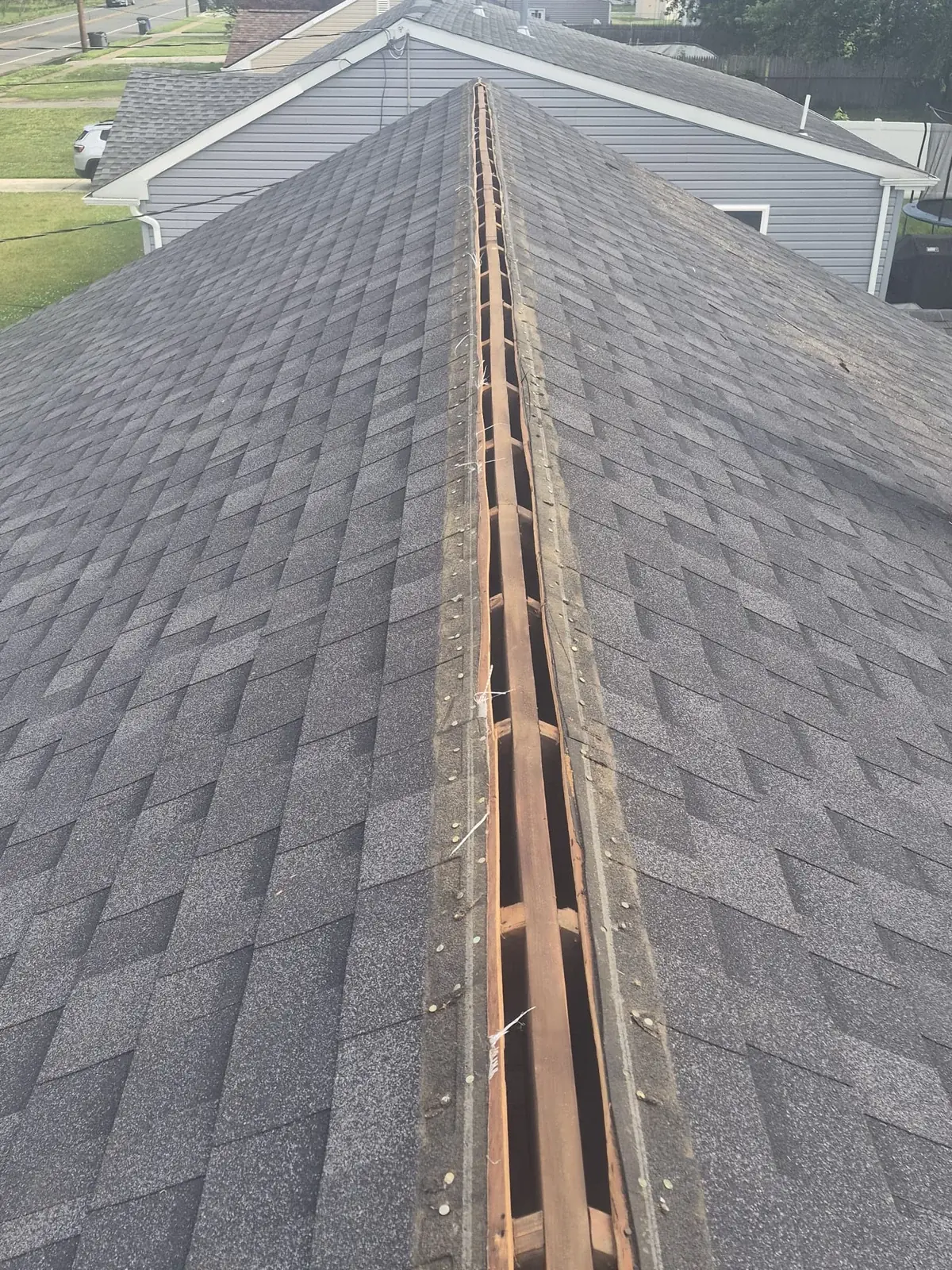 Open ridge during ridge-vent installation