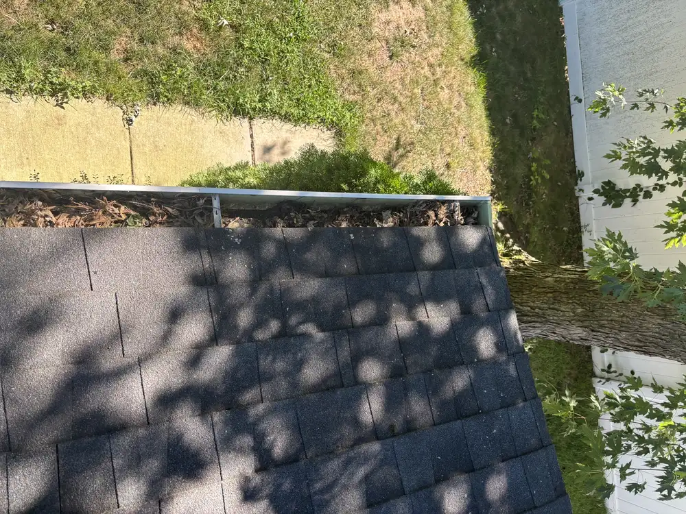 Leaf-filled gutter with organic debris before cleaning in Gibbsboro