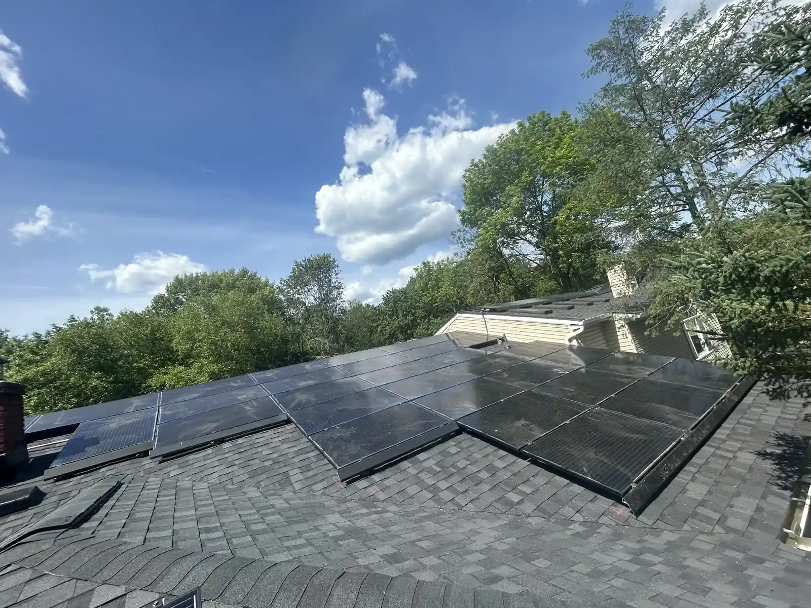 Dark solar modules in connected rows in West Orange, New Jersey