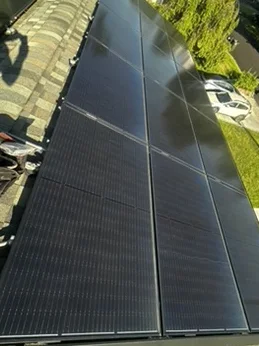 Lengthwise view along rows of dark solar modules in Woodbridge, New Jersey